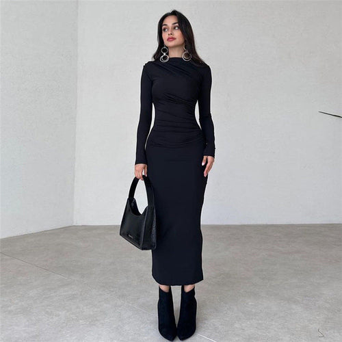 Autumn Winter Women Clothing Round Neck Long Sleeve Slim Sheath Solid