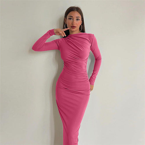 Autumn Winter Women Clothing Round Neck Long Sleeve Slim Sheath Solid