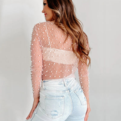 Beaded mesh gauze long sleeve blouse