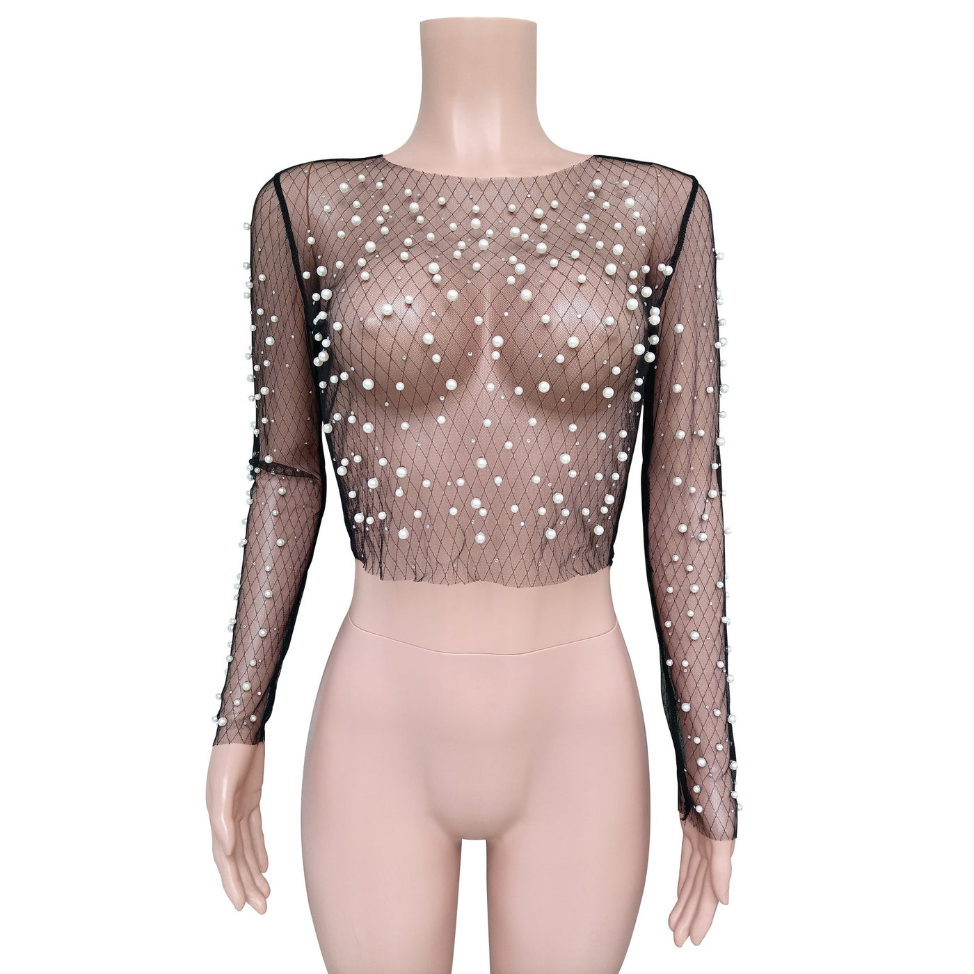 Beaded mesh gauze long sleeve blouse