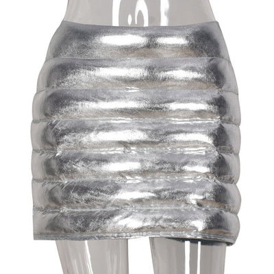 Silver Women's Puffer Skirt Metallic Shiny Solid Warm Quilted Mini