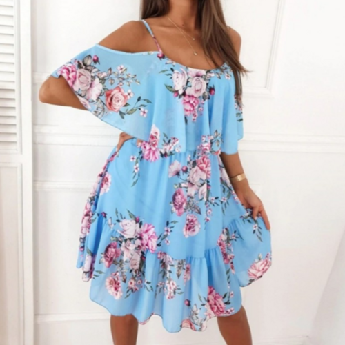 Women Cold Shoulder Ruffle Chiffon Beach Dress