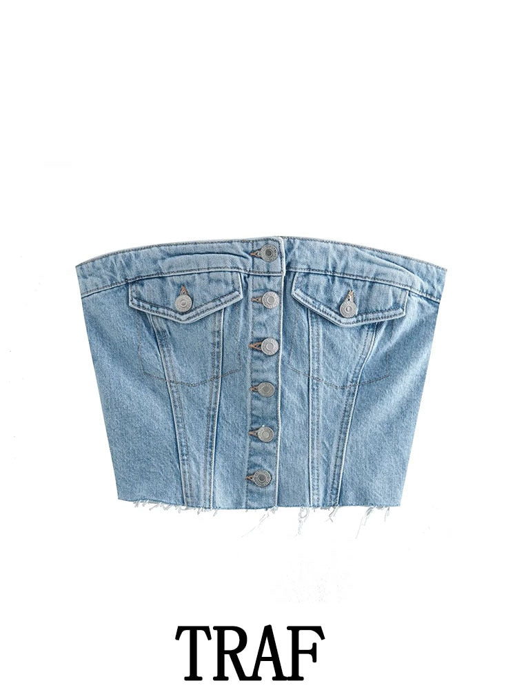 Woman Denim Corset Wrap Chest Tops