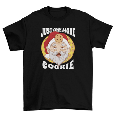 Fun santa claus hungry looking at cookies w/ quote "Just one more