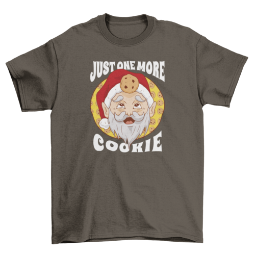 Fun santa claus hungry looking at cookies w/ quote "Just one more