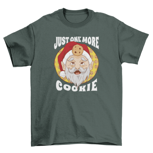 Fun santa claus hungry looking at cookies w/ quote "Just one more