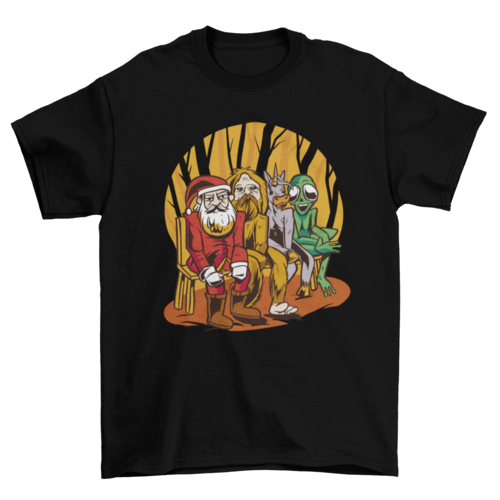 Santa claus and creatures cartoon t-shirt