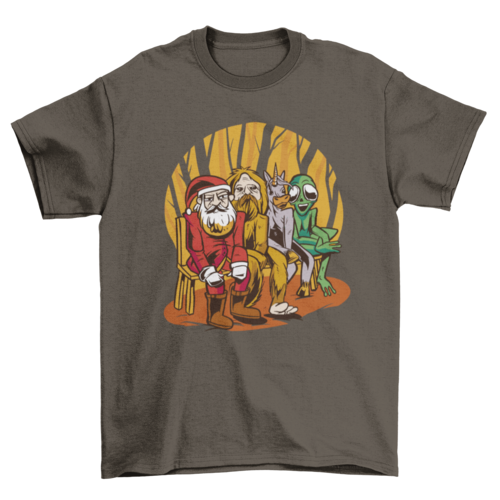 Santa claus and creatures cartoon t-shirt