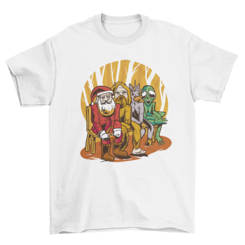 Santa claus and creatures cartoon t-shirt