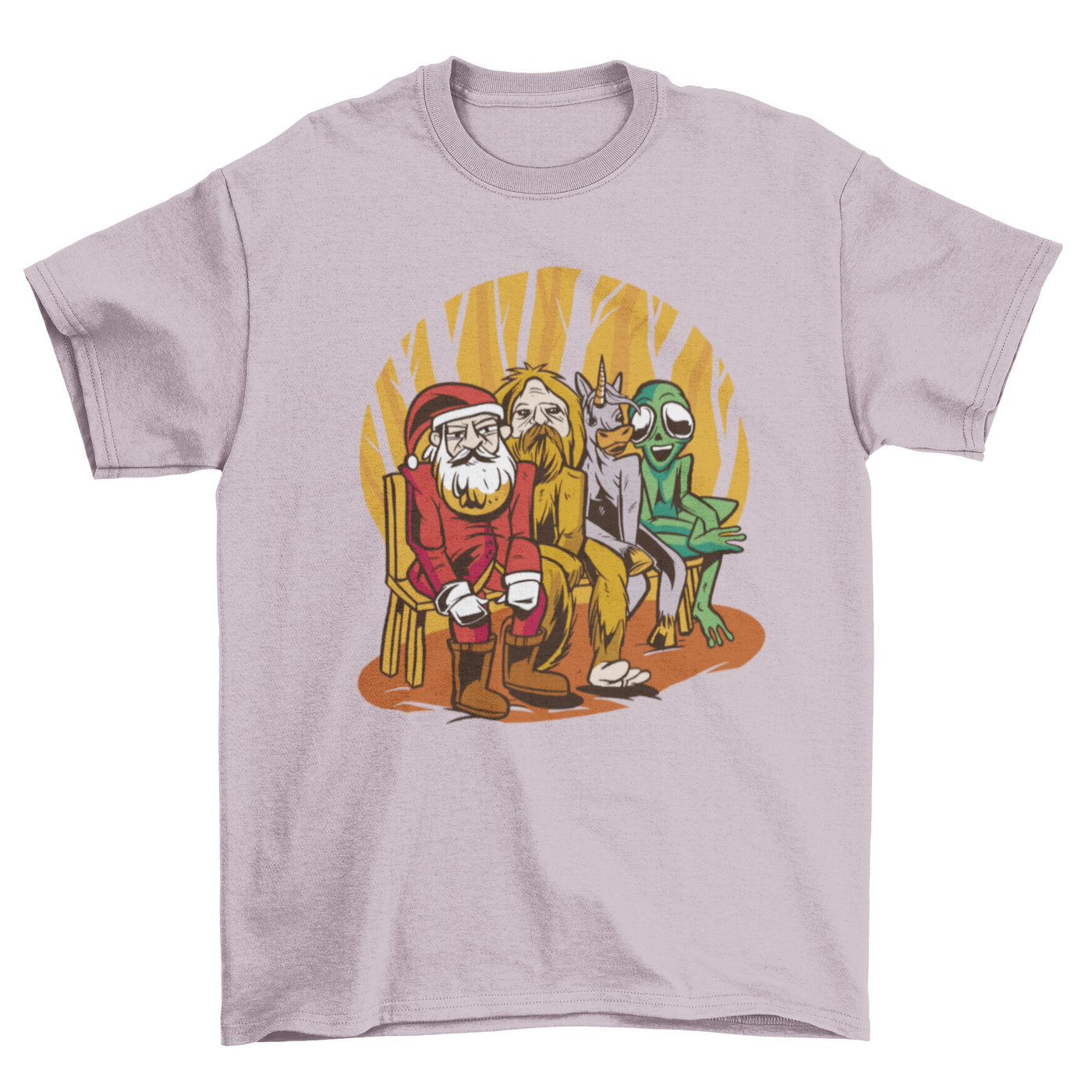 Santa claus and creatures cartoon t-shirt