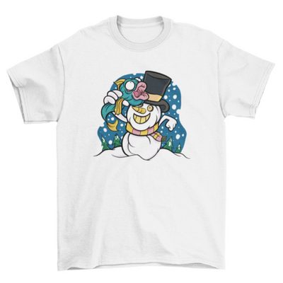 Snowman with fish cartoon winter snow t-shirt