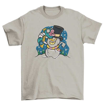 Snowman with fish cartoon winter snow t-shirt