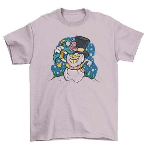 Snowman with fish cartoon winter snow t-shirt