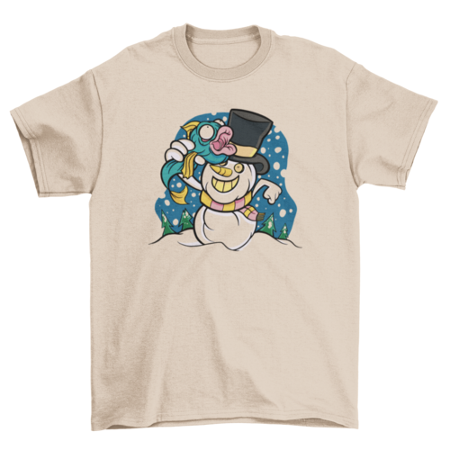 Snowman with fish cartoon winter snow t-shirt