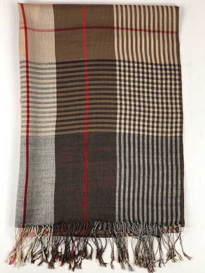 Hand loomed Brown Wool And Silk Check Scarf