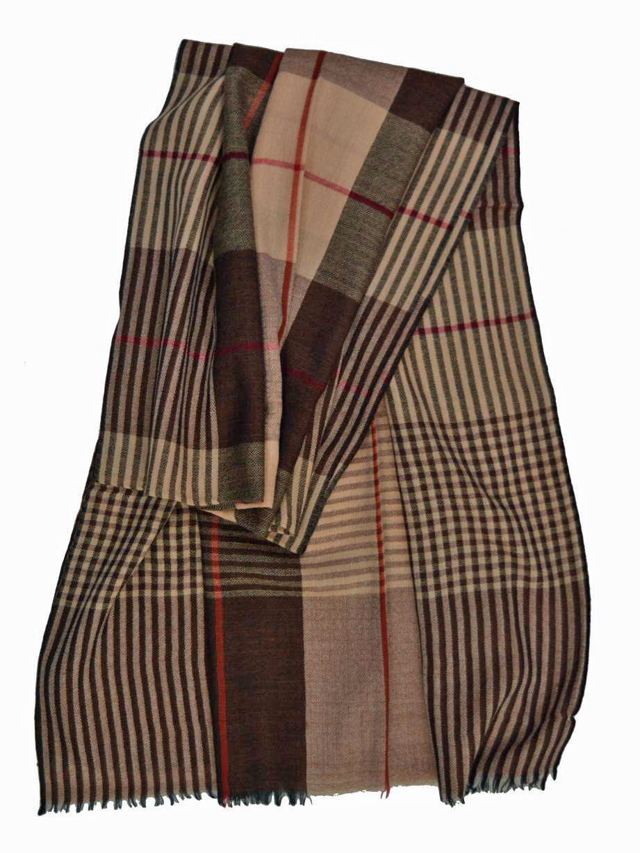 Hand loomed Brown Wool And Silk Check Scarf