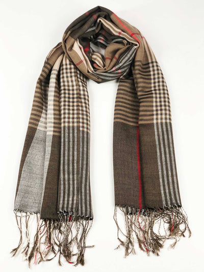 Hand loomed Brown Wool And Silk Check Scarf