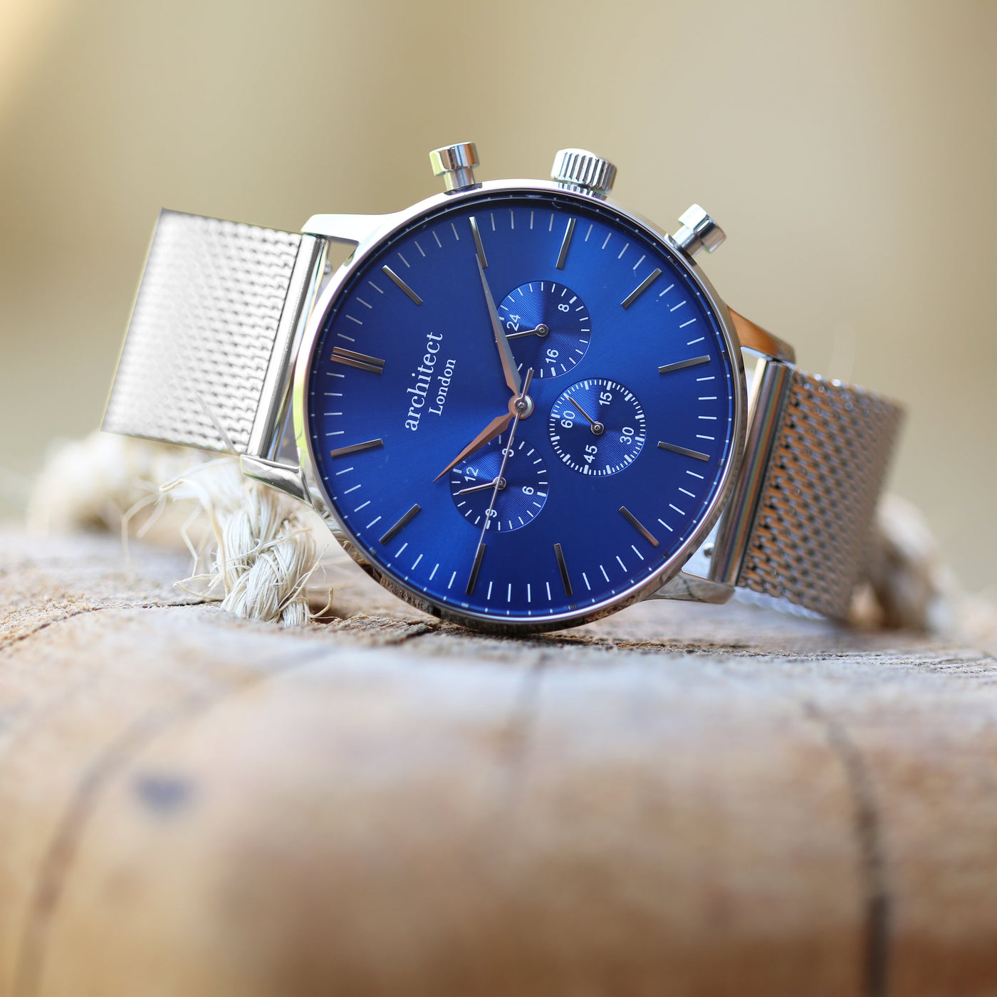 Men's Architect Motivator In Blue With Silver Mesh Strap - Modern Font