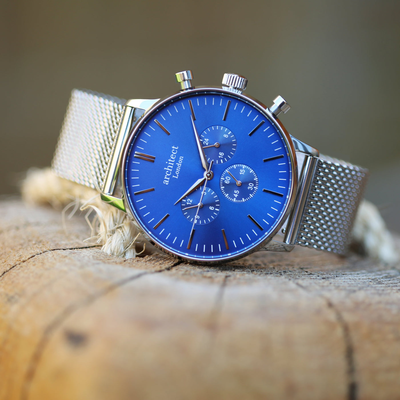 Men's Architect Motivator In Blue With Silver Mesh Strap - Modern Font