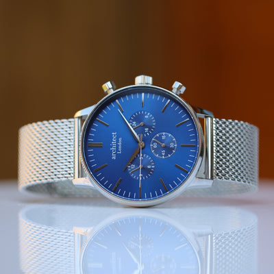 Men's Architect Motivator In Blue With Silver Mesh Strap - Modern Font