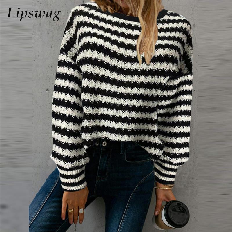 Casual Striped Knitted Sweater Loose Pullover Tops