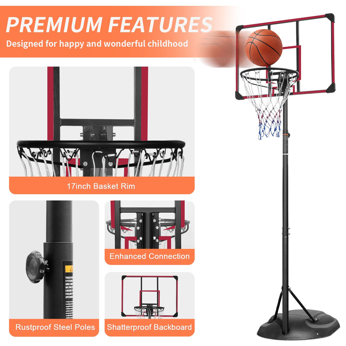 Portable Basketball Hoop System Stand Height Adjustable 7.5ft - 9.2ft