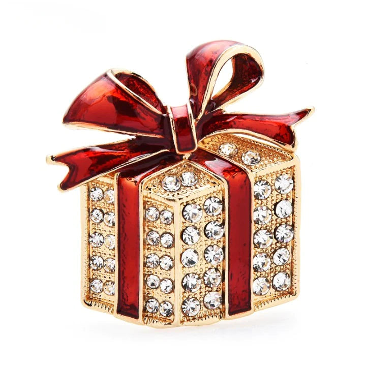 Rhinestone Enamel Gift Box Brooches