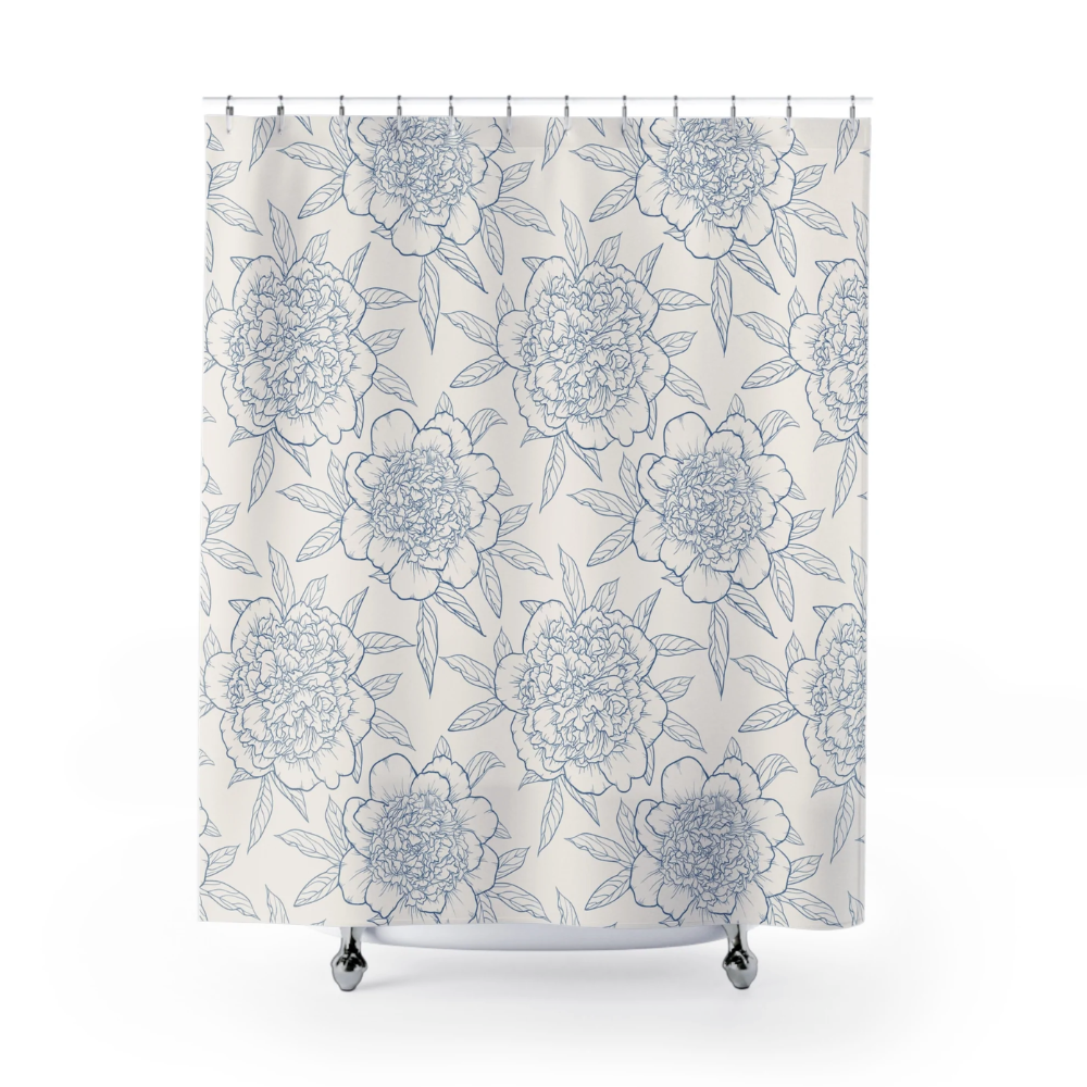 Blue Floral Outline Shower Curtain