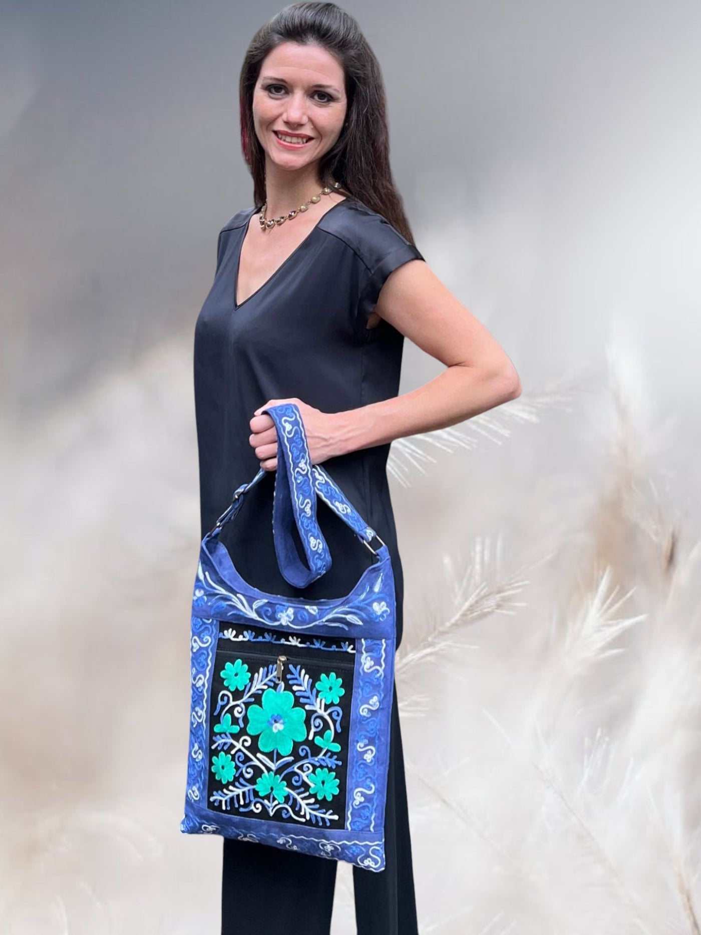 Handmade Black And Blue Suede Embroidered Llama Bag