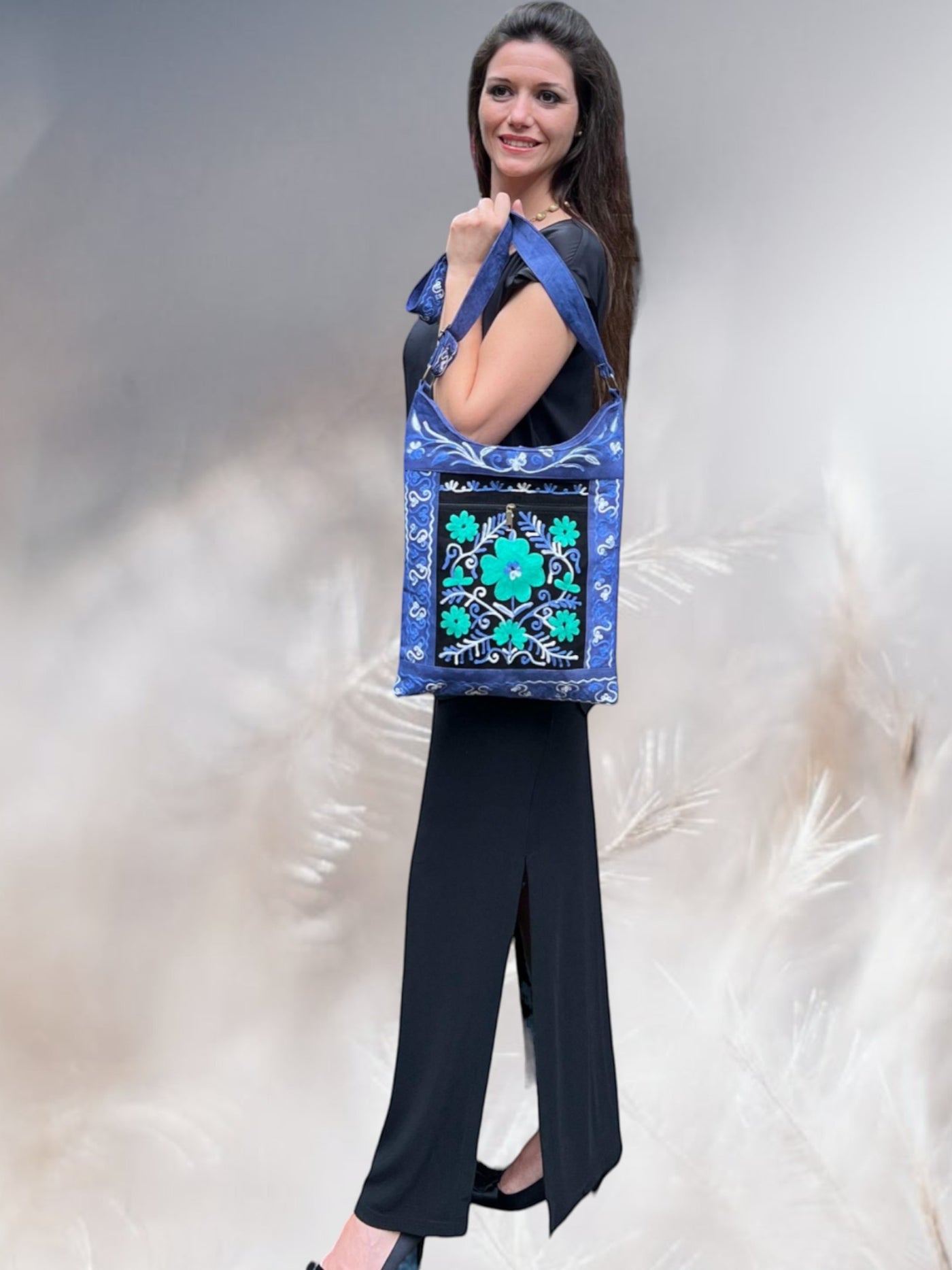 Handmade Black And Blue Suede Embroidered Llama Bag