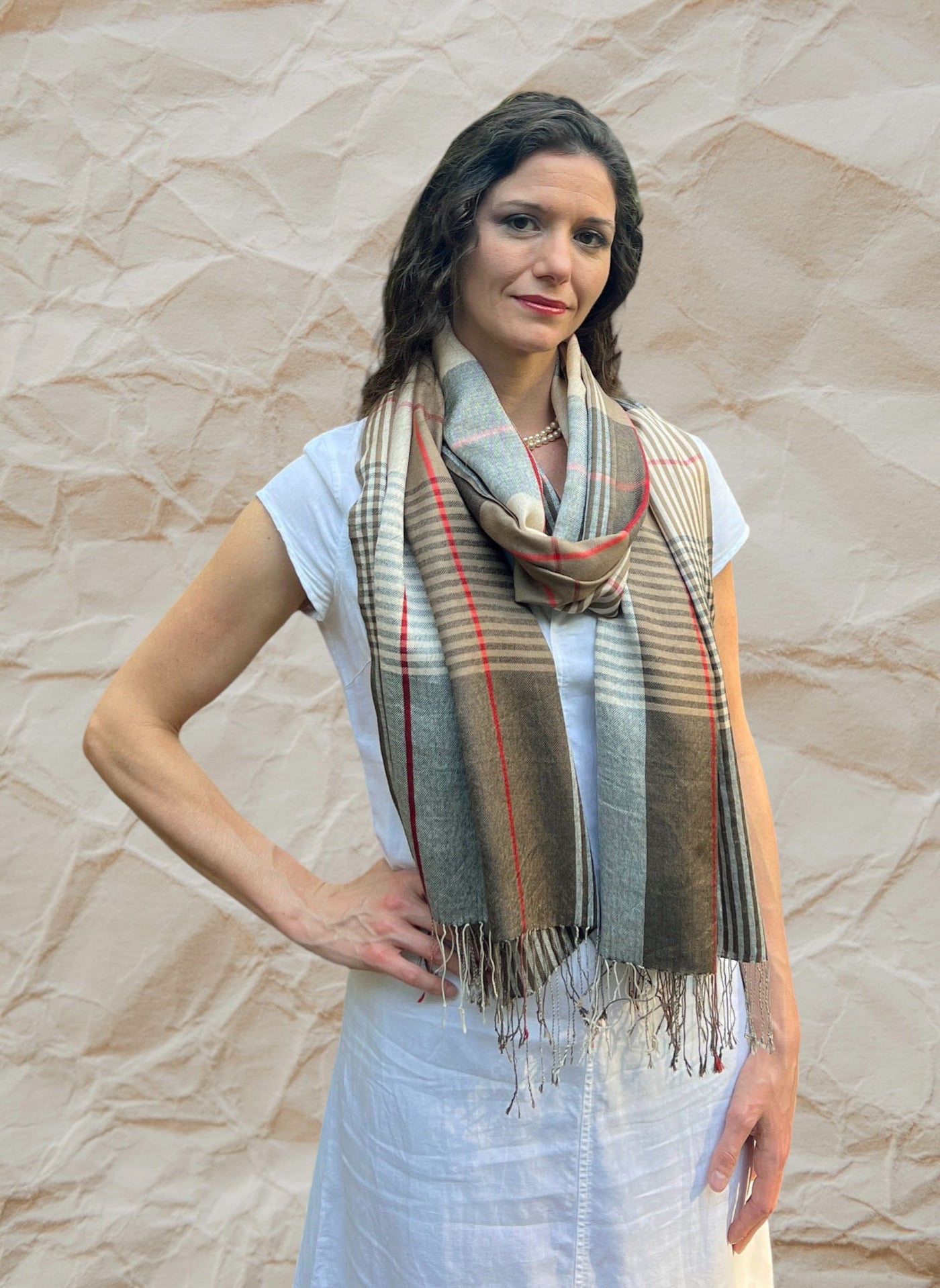 Hand loomed Brown Wool And Silk Check Scarf