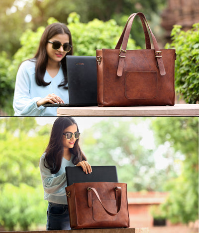 Leather Woman Laptop Handbag Large Tote Bag with Zipper