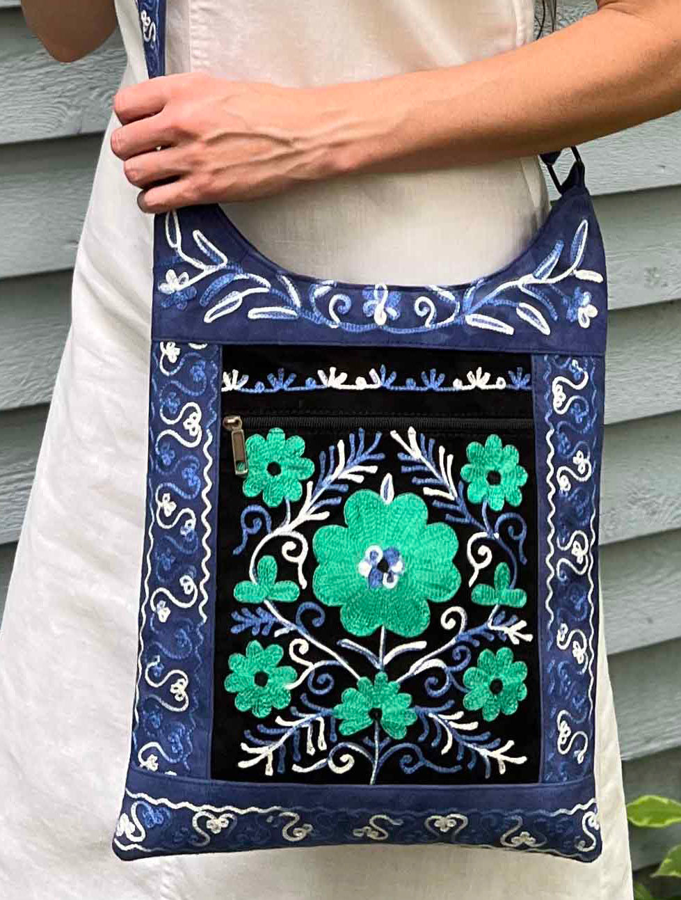 Handmade Black And Blue Suede Embroidered Llama Bag