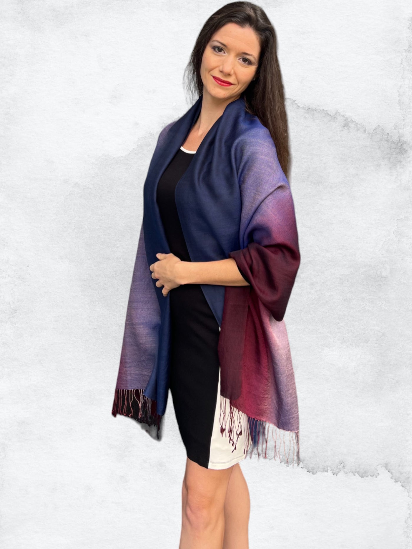 Wine and Blue Ombre Hand Dyed Silk & Wool Blend Scarf