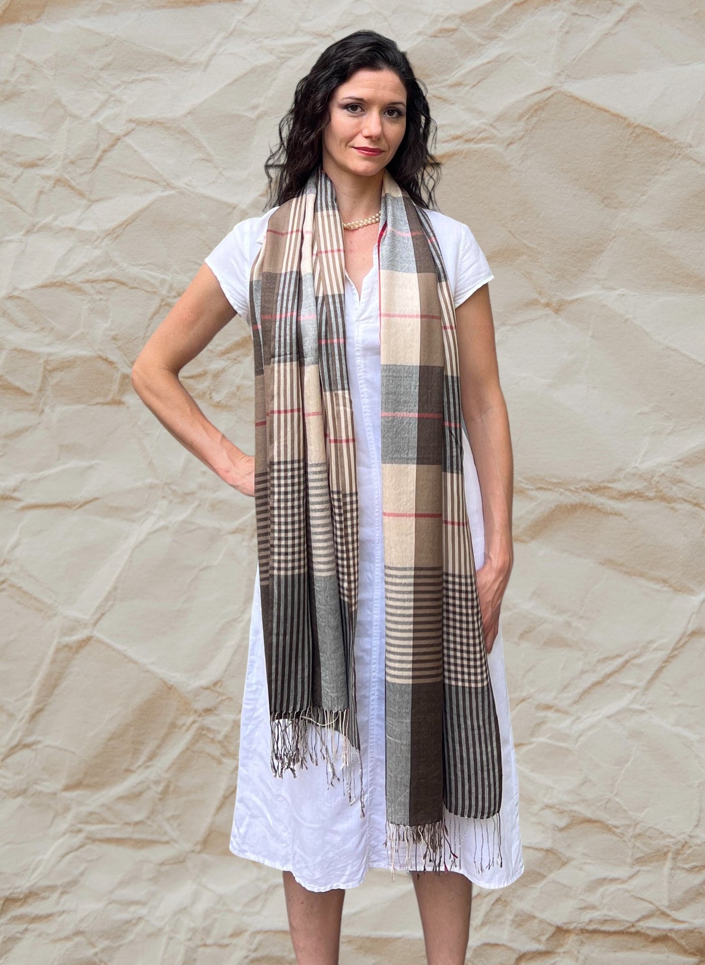 Hand loomed Brown Wool And Silk Check Scarf