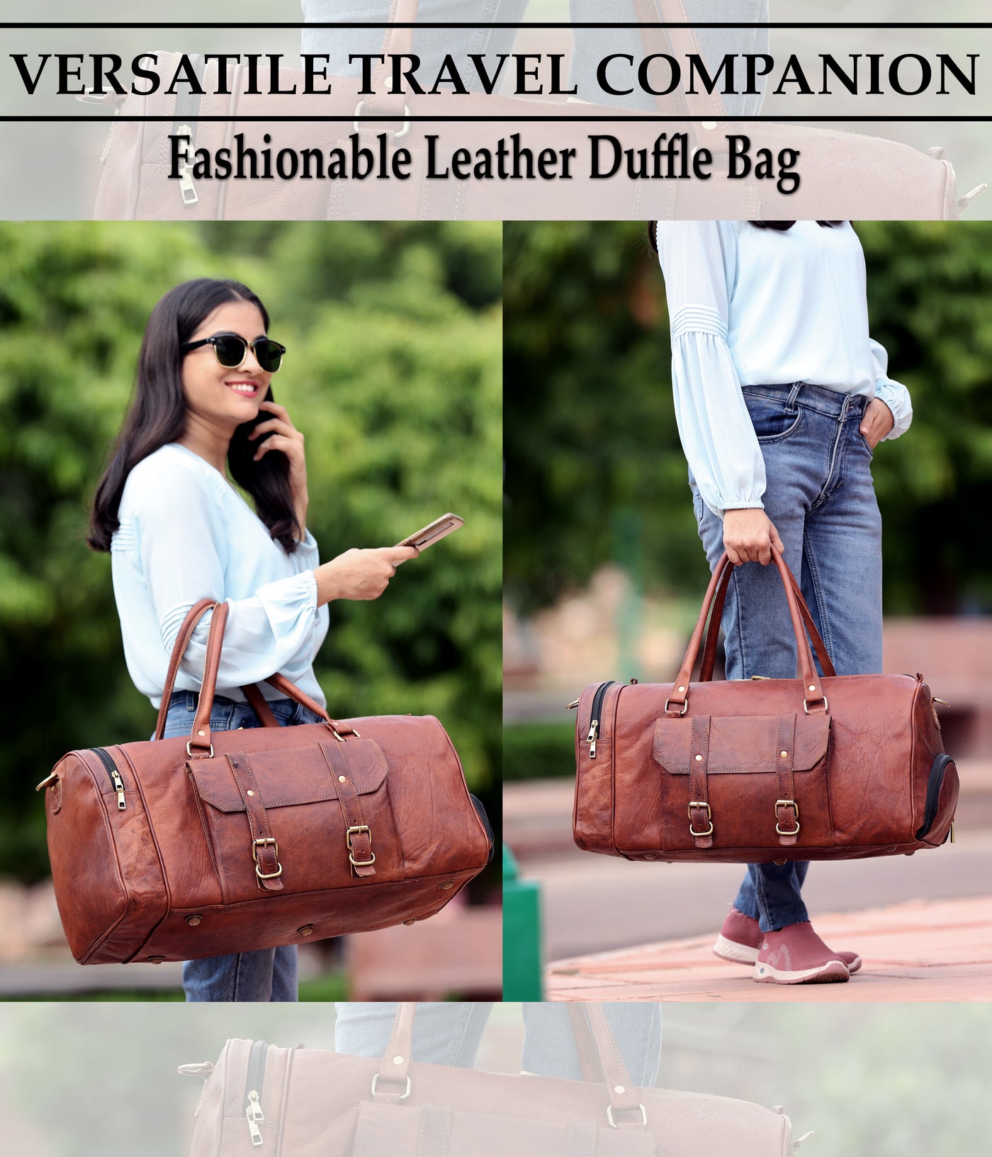 Handmade Genuine Leather Travel Duffel Bag with Shoe Compartment