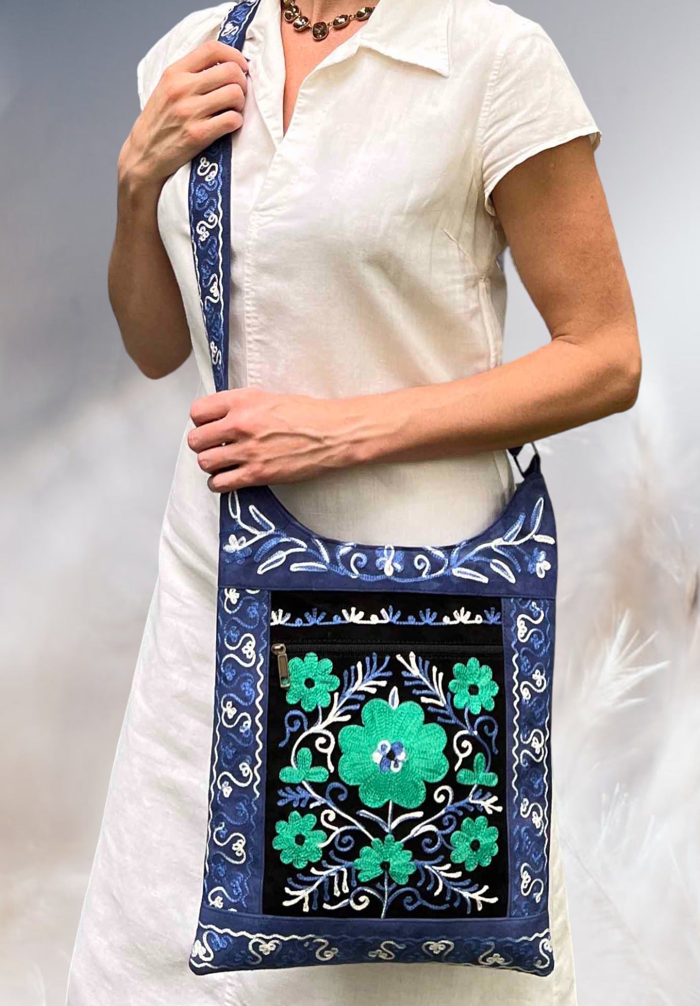 Handmade Black And Blue Suede Embroidered Llama Bag