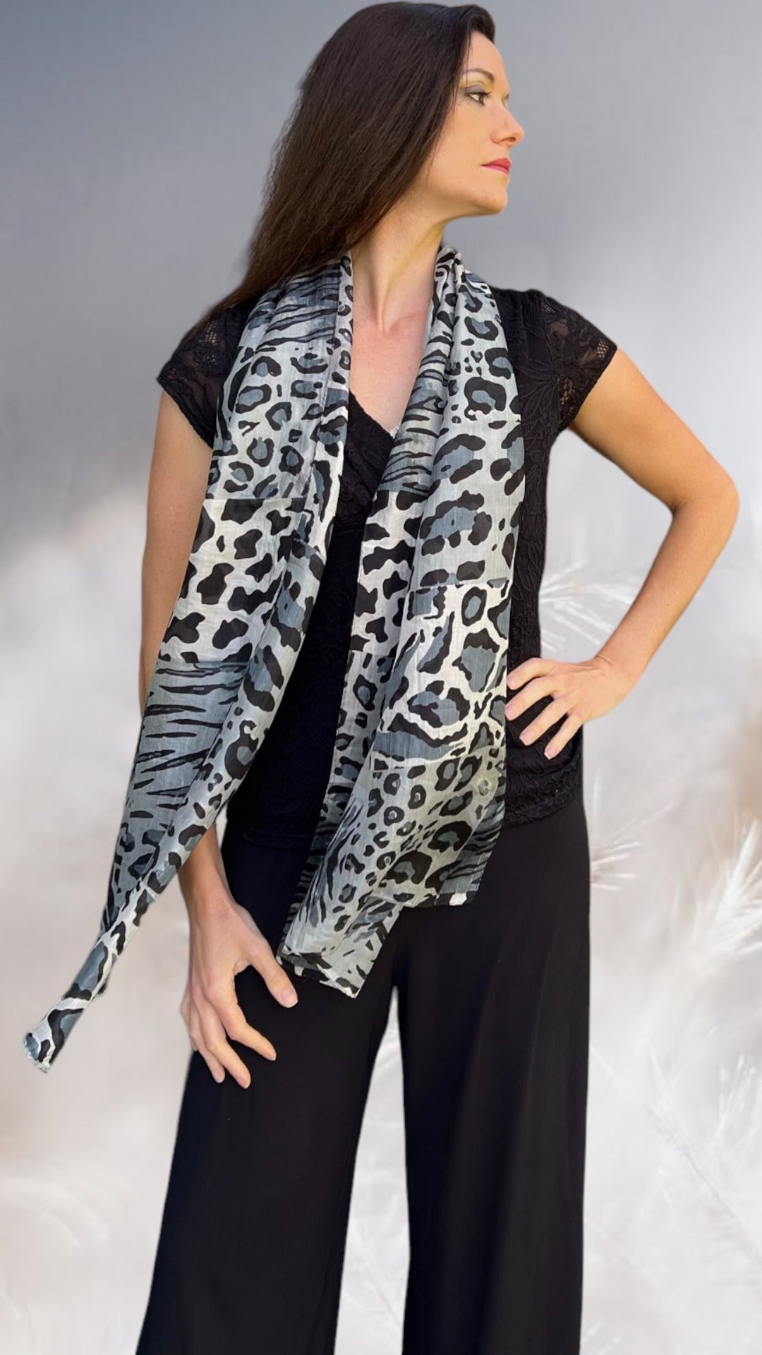 Gray Leopard Print Silk Scarf