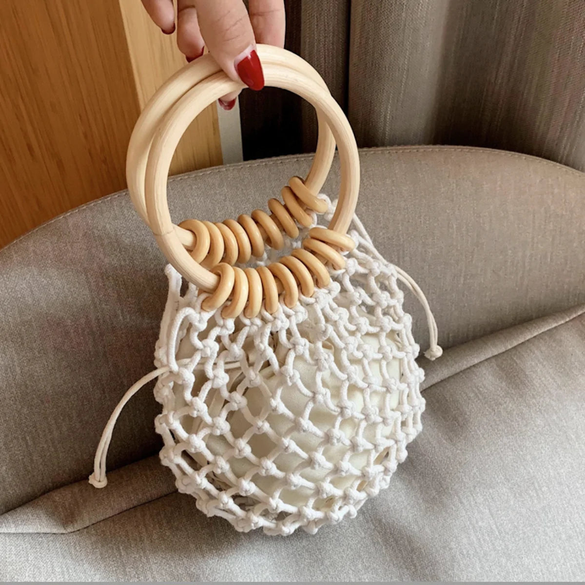 Summer Crochet Bag With Ratten Ring Handle