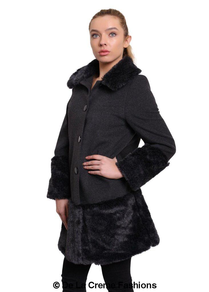 De La Creme - Womens Faux Fur Trim Wool Mix Coat