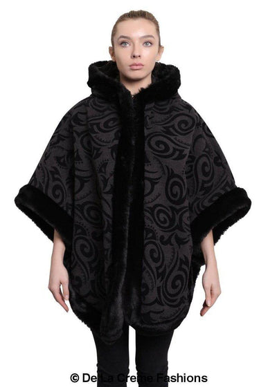 De La Creme - Women's Tribal Print Fur Lined Hooded Cape