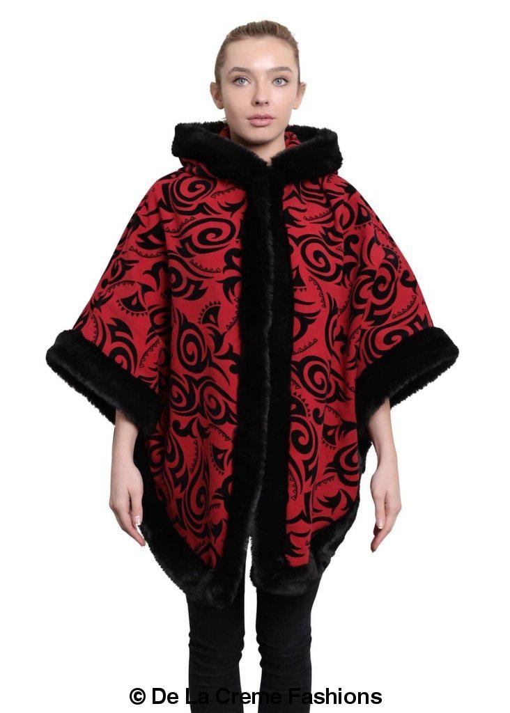 De La Creme - Women's Tribal Print Fur Lined Hooded Cape