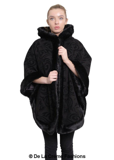 De La Creme - Women's Tribal Print Fur Lined Hooded Cape