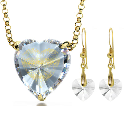 Gold Plated Silver Heart Jewelry Set 120 Languages I Love You Necklace and Crystal Earrings
