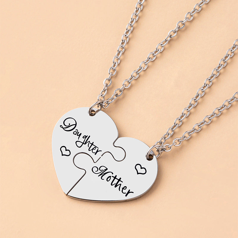 2 PCS Love Daughter Mother Puzzle Heart Pendant Necklace Silver Stainless Steel Mothers Day Jewelry Gifts