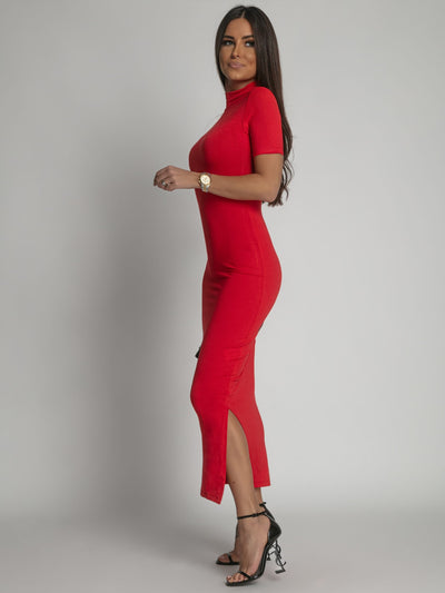 Red turtleneck midi pencil dress FG674