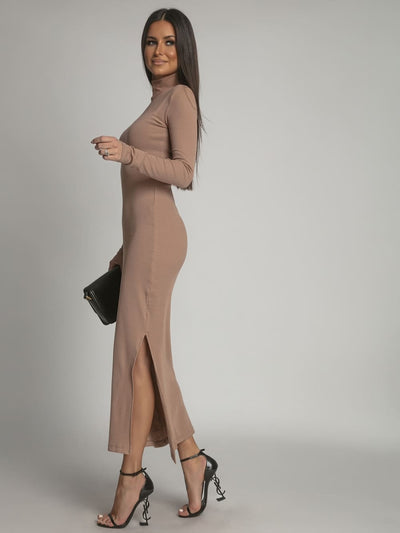 Cotton fitted maxi dress with cappuccino turtleneck FG680