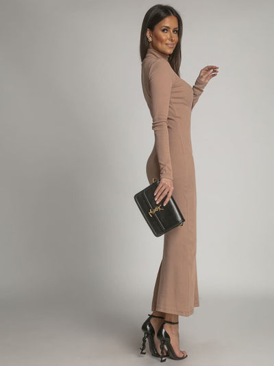 Cotton fitted maxi dress with cappuccino turtleneck FG680