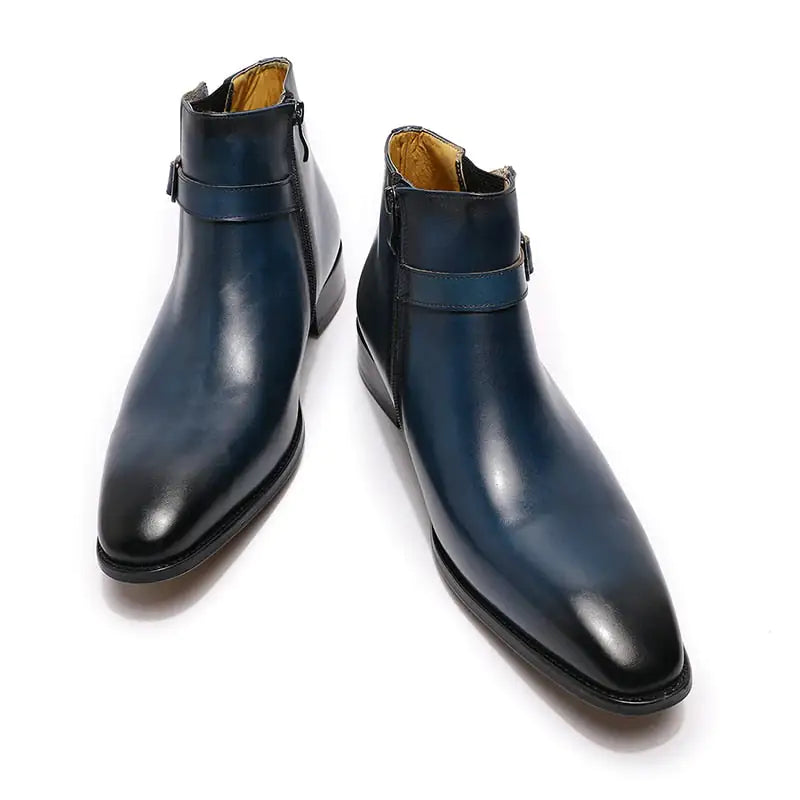 Men's Italian Leather Dress Boots With Zipper & Buckle