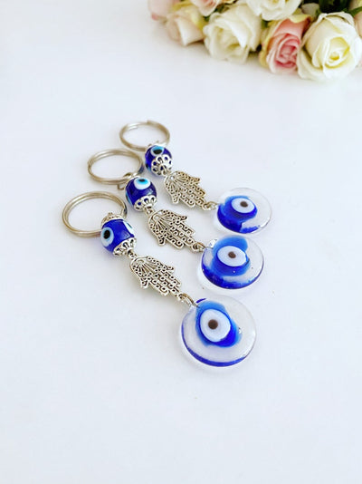 Silver Hamsa Evil Eye Keychain, Blue Glass Evil Eye Bead, Hamsa Hand